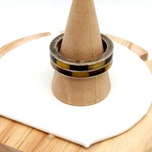 Vintage Sterling Silver Amber Inlay Band Ring, Two-Tone, Size 8.5